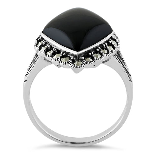 Sterling Silver Black Onyx Diamond Shape Marcasite Ring