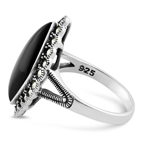 Sterling Silver Black Onyx Diamond Shape Marcasite Ring