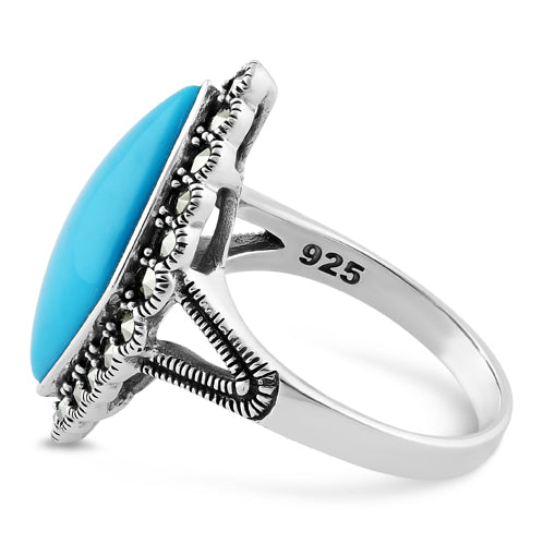 Sterling Silver Simulated Turquoise  Diamond Shape Marcasite Ring