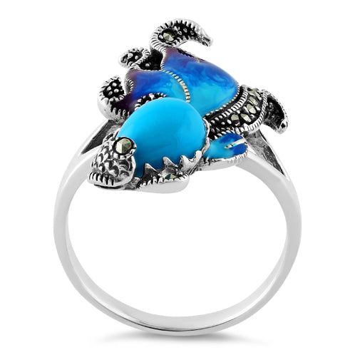 Sterling Silver Simulated Turquoise Fish Ghost Marcasite Ring