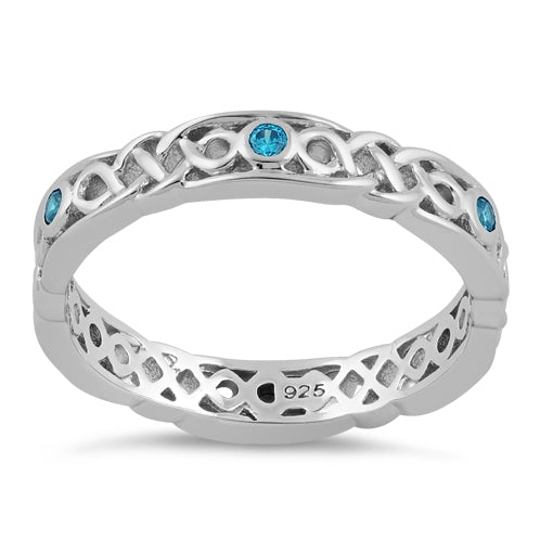 Sterling Silver Braided Eternity Aqua Blue CZ Ring