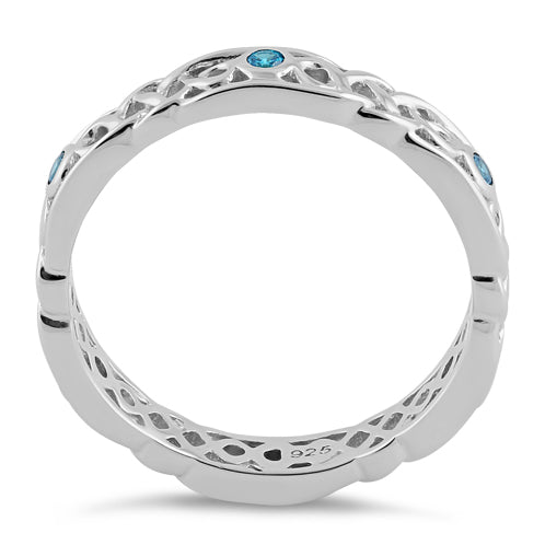 Sterling Silver Braided Eternity Aqua Blue CZ Ring