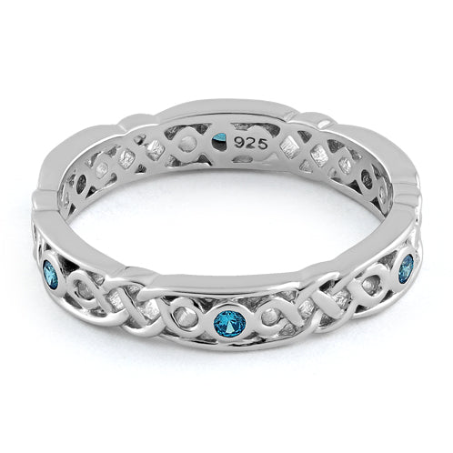 Sterling Silver Braided Eternity Aqua Blue CZ Ring