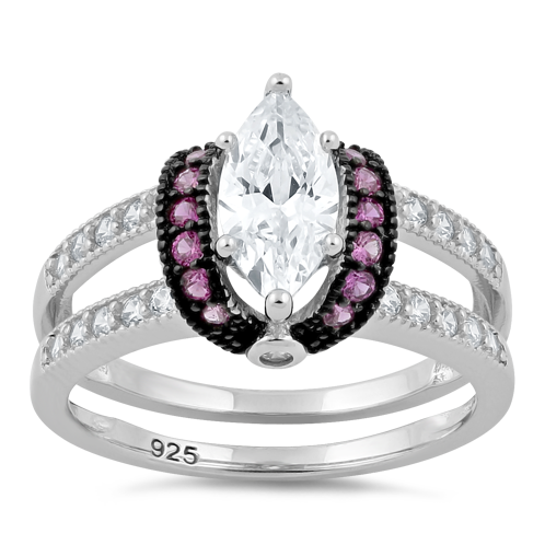 Sterling Silver Clear Marquise Ruby CZ Black Plating Ring