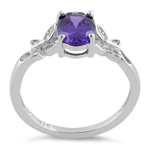 Sterling Silver Double Butterfly Amethyst Center Stone CZ Ring