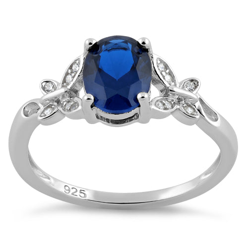 Sterling Silver Double Butterfly Blue Spinel Center Stone CZ Ring