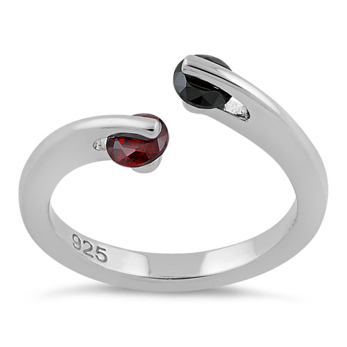 Sterling Silver Double Round Black and Garnet CZ Ring