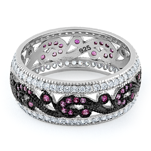 Sterling Silver Filigree Ruby CZ Black Plating Ring