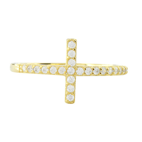 Sterling Silver Gold Plated Cross Clear CZ Ring