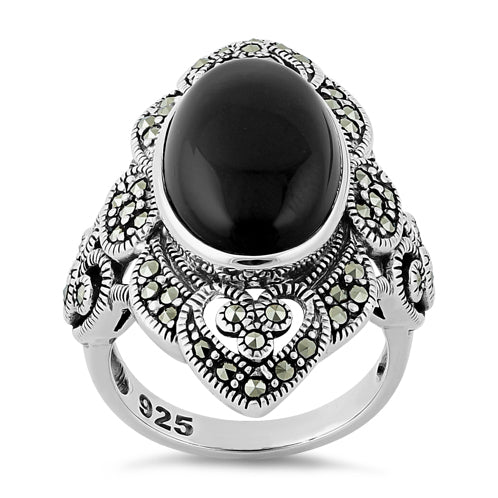 Sterling Silver Oval Black Onyx Heart Marcasite Ring