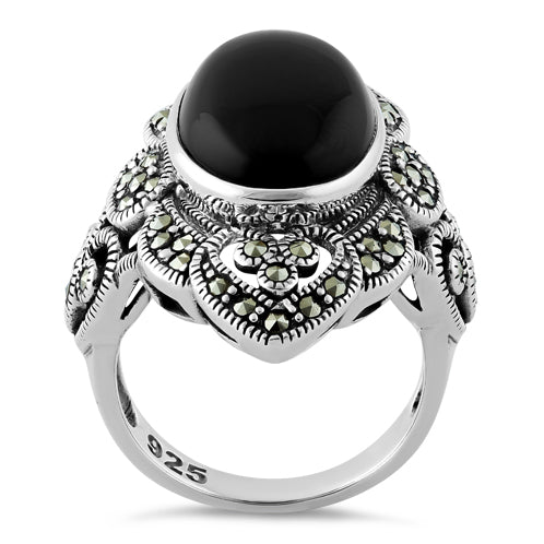 Sterling Silver Oval Black Onyx Heart Marcasite Ring