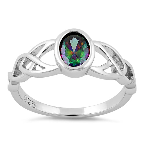 Sterling Silver Oval Rainbow Topaz CZ Celtic Ring
