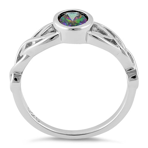 Sterling Silver Oval Rainbow Topaz CZ Celtic Ring