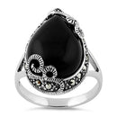 Sterling Silver Pear Shape Black Onyx Marcasite Ring