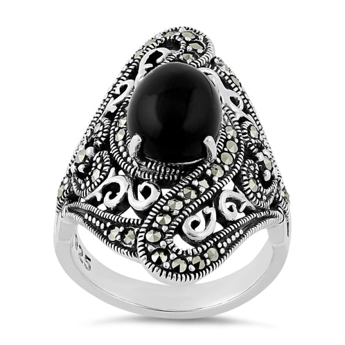 Sterling Silver Round Black Onyx Wide Marcasite Ring