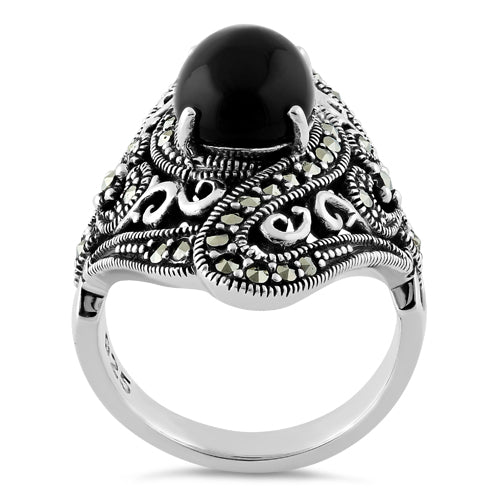 Sterling Silver Round Black Onyx Wide Marcasite Ring