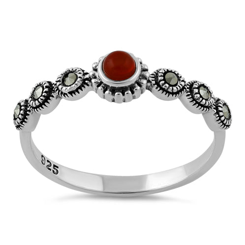 Sterling Silver Small Round Red Marcasite Ring