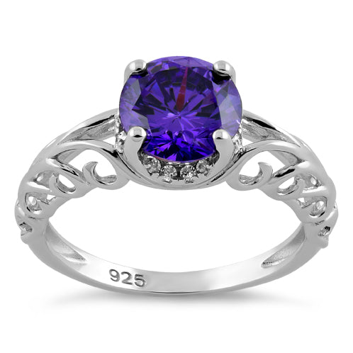 Sterling Silver Swirl Design Amethyst and Clear CZ Ring