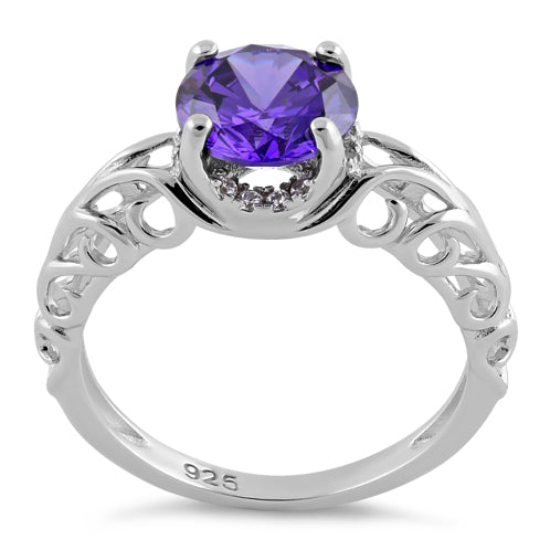 Sterling Silver Swirl Design Amethyst and Clear CZ Ring