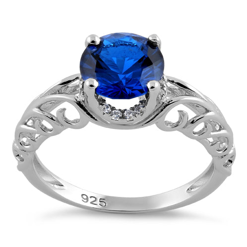 Sterling Silver Swirl Design Blue Spinel and Clear CZ Ring