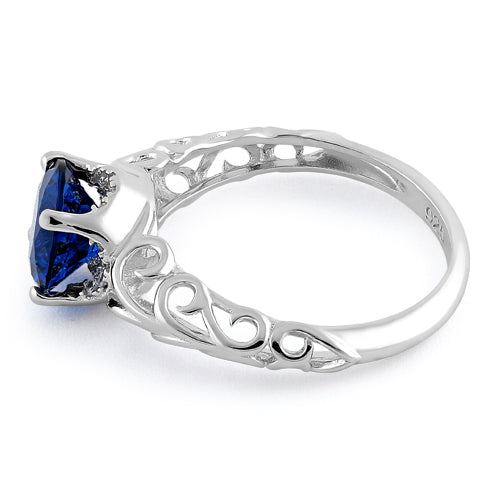 Sterling Silver Swirl Design Blue Spinel and Clear CZ Ring