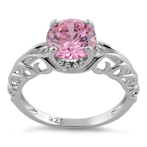 Sterling Silver Swirl Design Pink and Clear CZ Ring