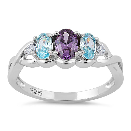 Sterling Silver Triple Oval Aqua Marine Amethyst CZ Ring