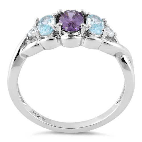 Sterling Silver Triple Oval Aqua Marine Amethyst CZ Ring