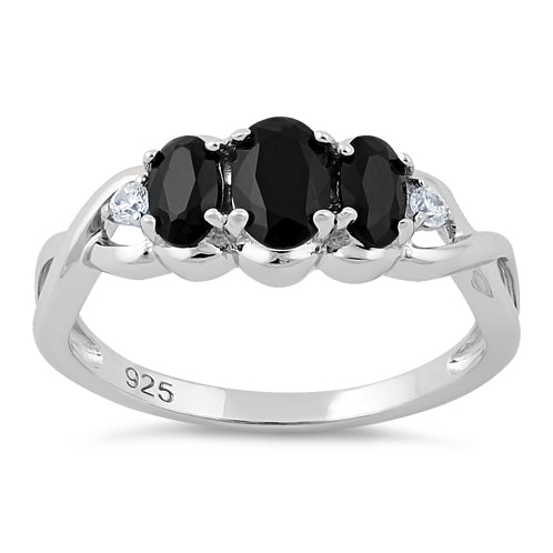 Sterling Silver Triple Oval Black CZ Ring