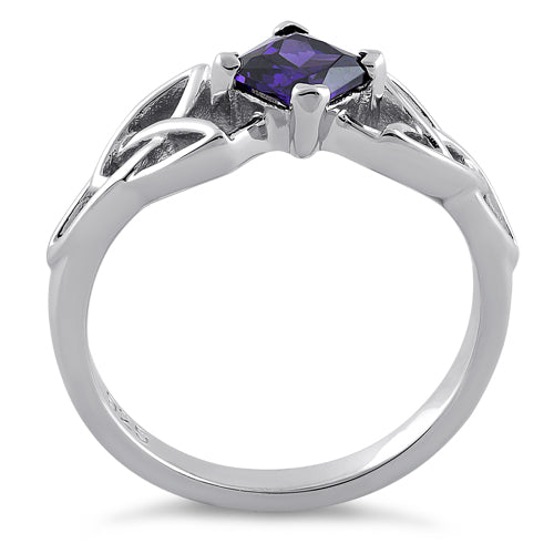 Sterling Silver Celtic Princess Cut Amethyst CZ Ring