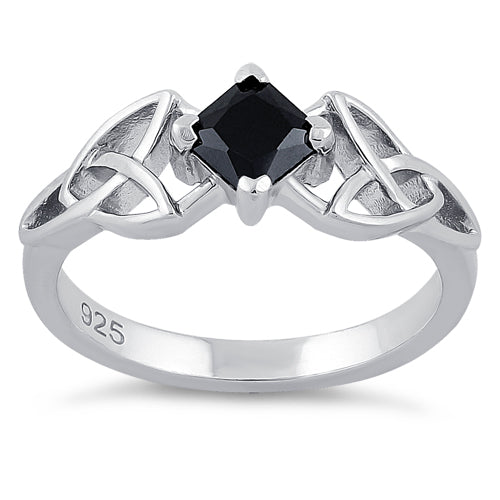 Sterling Silver Celtic Princess Cut Black CZ Ring