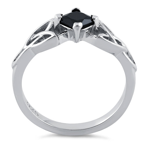 Sterling Silver Celtic Princess Cut Black CZ Ring