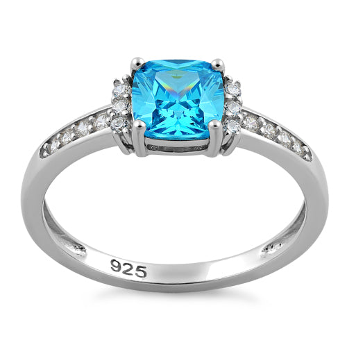 Sterling Silver Cushion Aqua Blue CZ Ring