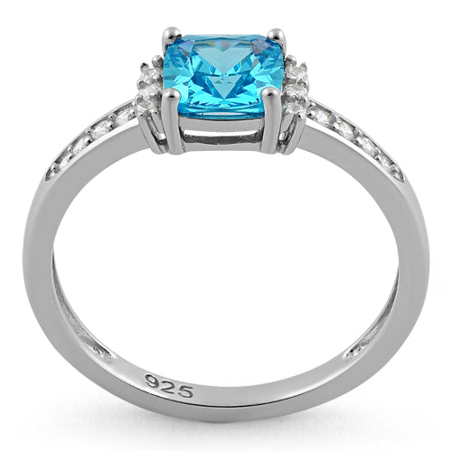 Sterling Silver Cushion Aqua Blue CZ Ring