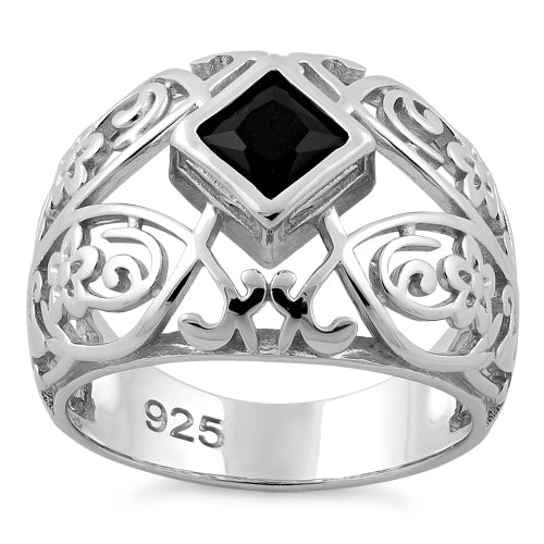 Sterling Silver Fleur-de-lis Flower Black CZ Ring