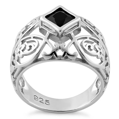 Sterling Silver Fleur-de-lis Flower Black CZ Ring