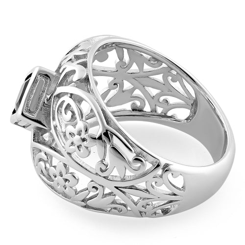 Sterling Silver Fleur-de-lis Flower Black CZ Ring