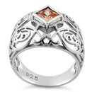 Sterling Silver Fleur-de-lis Flower Champagne CZ Ring