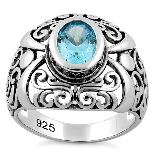 Sterling Silver Oriental Bali Aquamarine CZ Ring