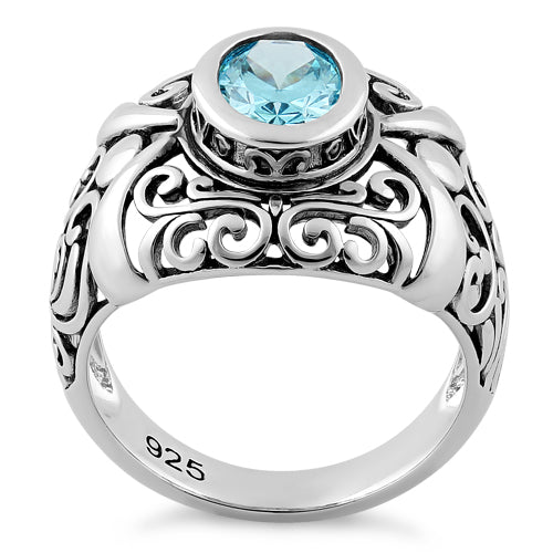 Sterling Silver Oriental Bali Aquamarine CZ Ring