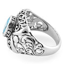Sterling Silver Oriental Bali Aquamarine CZ Ring