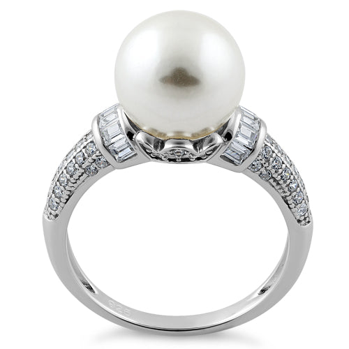 Sterling Silver Queen Crown Synthetic Pearl CZ Ring