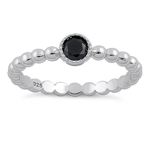 Sterling Silver Round Cut Beaded Black CZ Ring