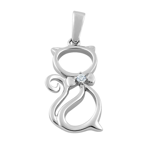 Sterling Silver Bow Tie Cat Clear CZ Pendant
