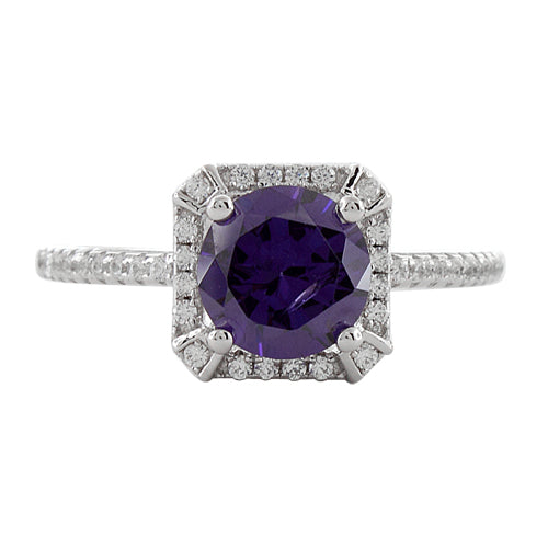 Sterling Silver Amethyst Round Halo Pave CZ Ring
