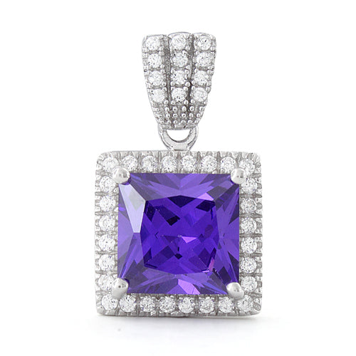 Sterling Silver Princess Cut Amethyst CZ Pendant