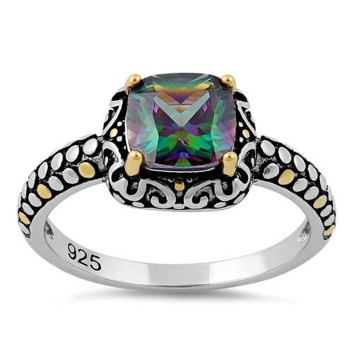 Sterling Silver Celtic Rainbow Topaz Cushion CZ Ring