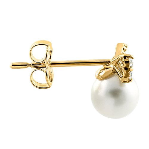 Solid 14K Yellow Gold Bow & Pearl Clear CZ Earrings
