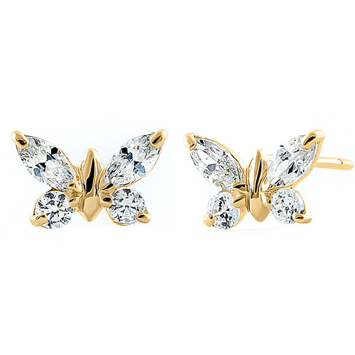 Solid 14K Yellow Gold Butterfly Marquise Cut Clear CZ Earrings