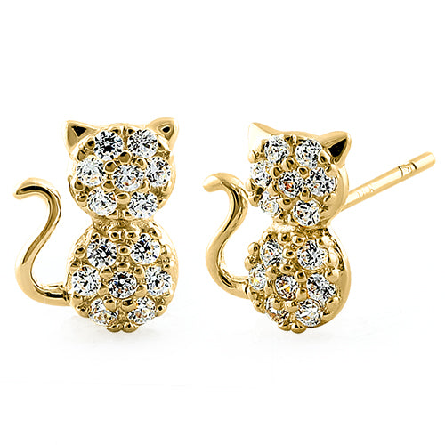 Solid 14K Yellow Gold Cat Clear CZ Earrings